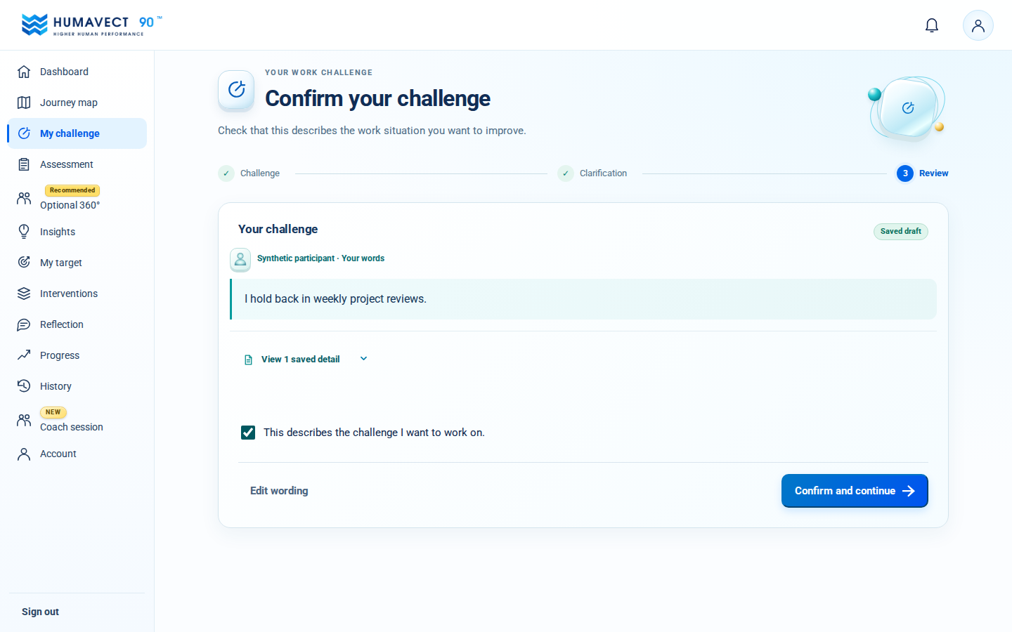 Challenge review screen with synthetic data