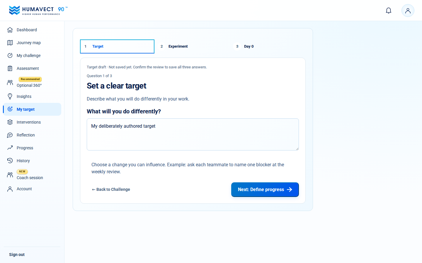 New target screen with an empty answer and helpful placeholder