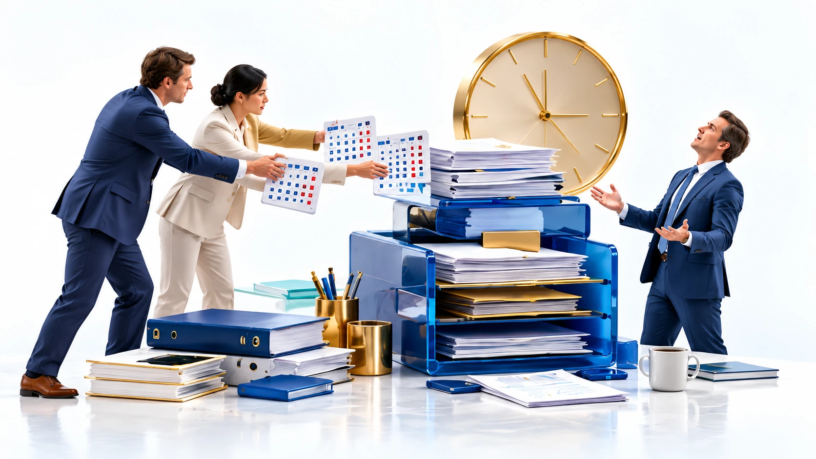 Professionals negotiate deadlines beside overloaded work trays and a clock