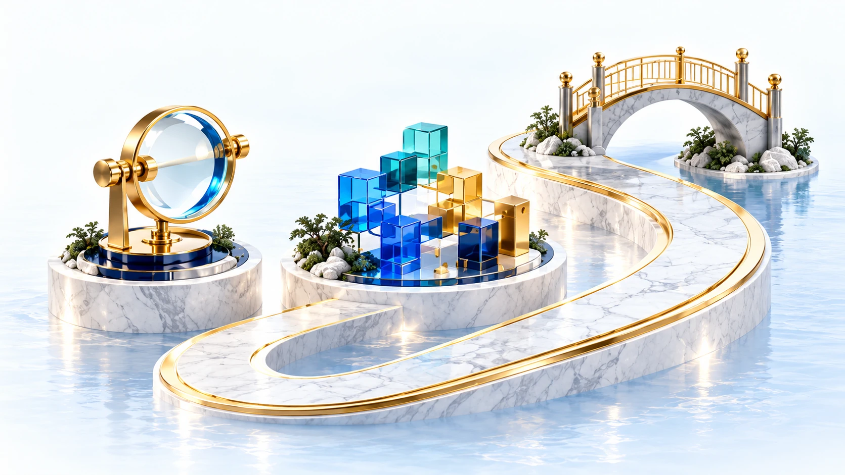A sculptural path connects three milestone islands