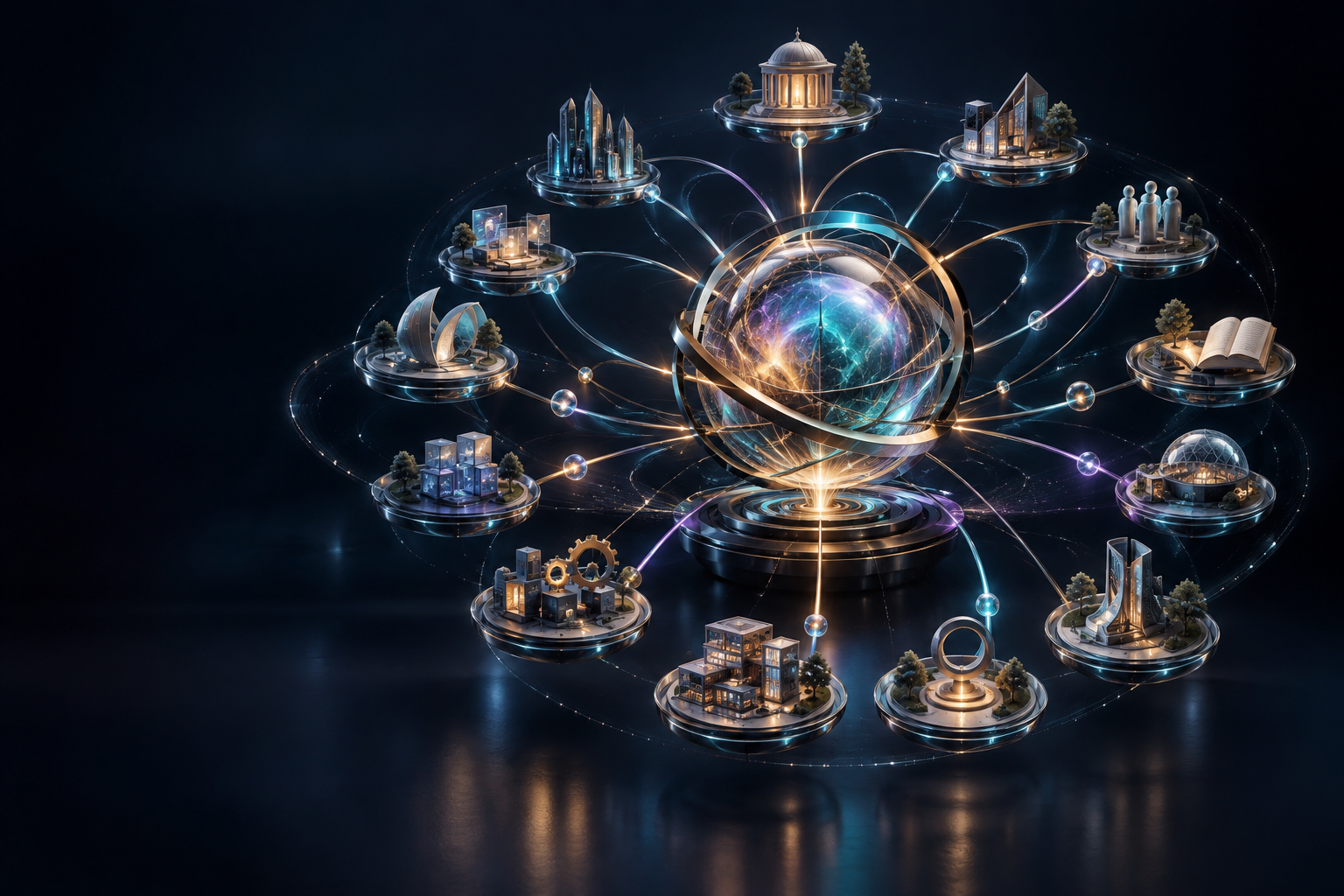 A luminous 3D network representing human performance work across organizations, countries, schools, and leadership communities.