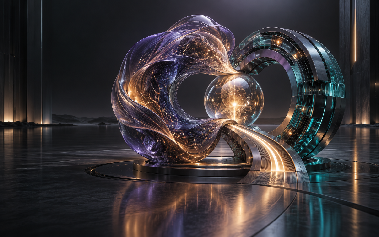 A sophisticated 3D sculpture connecting an adaptive human layer with a precise engineered work system.