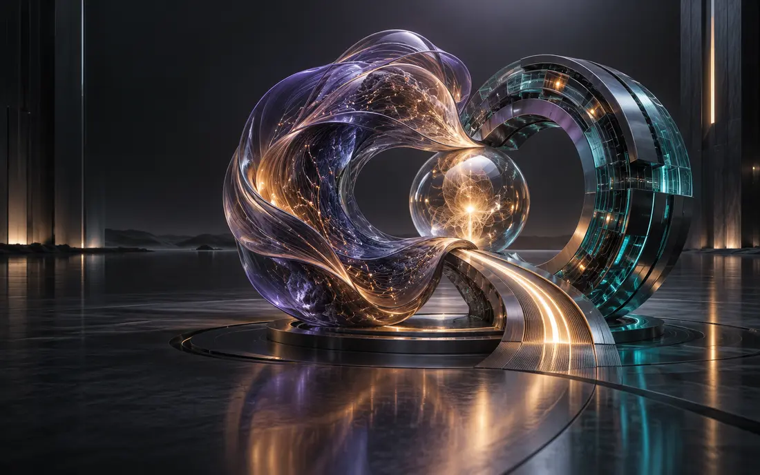 Connected crystal forms representing people and the work system