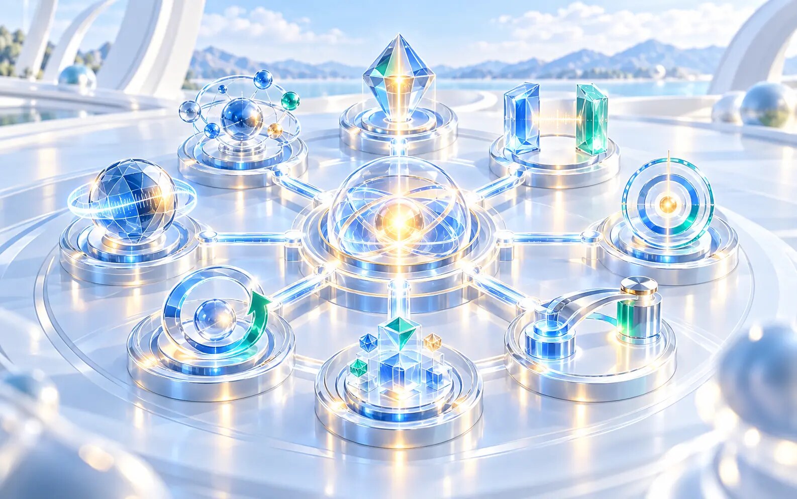 A three-dimensional illustration of connected HUMAVECT experience elements around a central performance core
